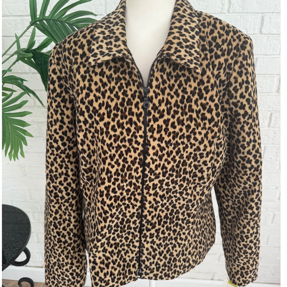 Maggy London Corduroy Jacket Women 14 Camel NWT Leopard Print Zip Front Vintage